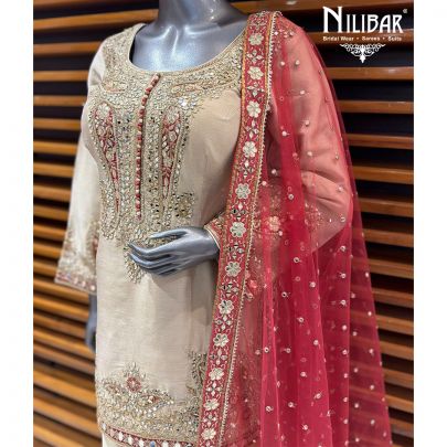 Beige & Carrot Red Silk Embroidered Shirt Paired With Farshi Salwar