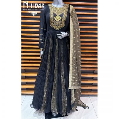 Black & Gold Banarasi Silk Long Anarkali Paired With Crush Tissue Dupatta