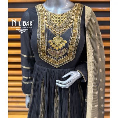 Black & Gold Banarasi Silk Long Anarkali Paired With Crush Tissue Dupatta
