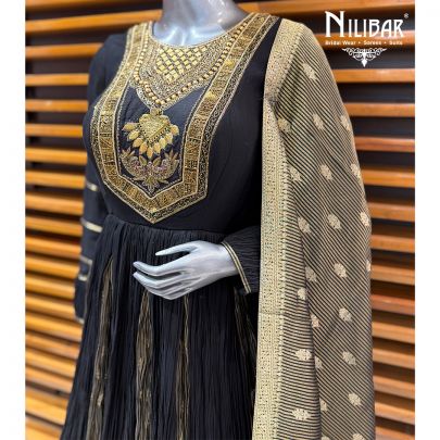 Black & Gold Banarasi Silk Long Anarkali Paired With Crush Tissue Dupatta