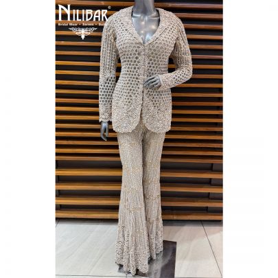 Beige Net Heavy Embroidered Top Paired With Pants