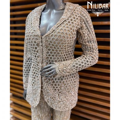 Beige Net Heavy Embroidered Top Paired With Pants