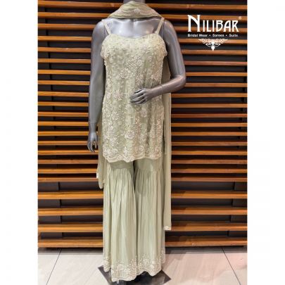 Pista Green Chinon Embroidered Shirt Paired With Garara & Heavy Dupatta