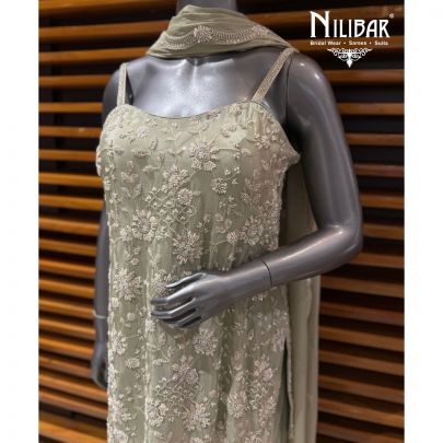 Pista Green Chinon Embroidered Shirt Paired With Garara & Heavy Dupatta