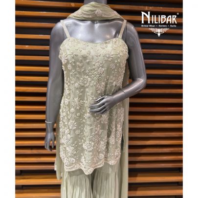 Pista Green Chinon Embroidered Shirt Paired With Garara & Heavy Dupatta