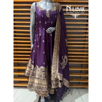 Purple Banarasi Silk Anarkali Paired With Palazzo & Dupatta