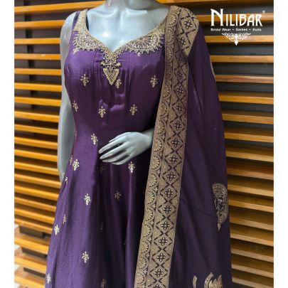 Purple Banarasi Silk Anarkali Paired With Palazzo & Dupatta