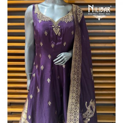 Purple Banarasi Silk Anarkali Paired With Palazzo & Dupatta