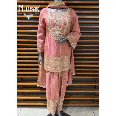 Baby Pink Lame Silk Short Shirt Paired with Farshi Salwar & Dupatta 