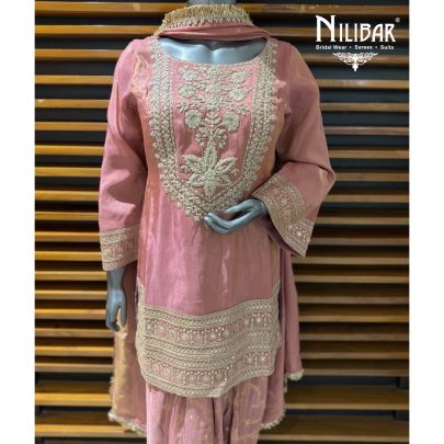 Baby Pink Lame Silk Short Shirt Paired with Farshi Salwar & Dupatta 