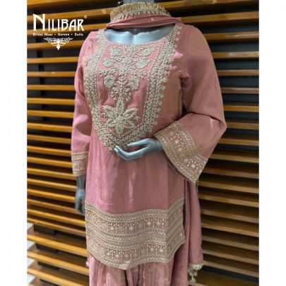 Baby Pink Lame Silk Short Shirt Paired with Farshi Salwar & Dupatta 