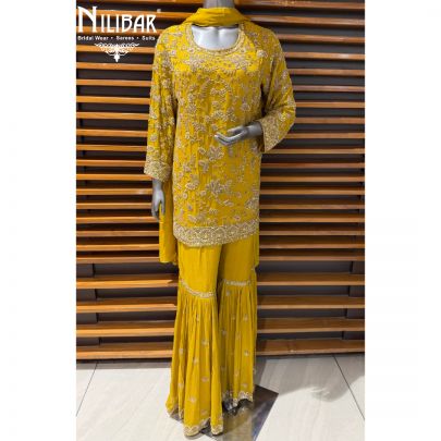 Mustard Yellow Chinon Shirt Paired with Garara & Dupatta