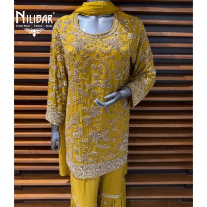 Mustard Yellow Chinon Shirt Paired with Garara & Dupatta