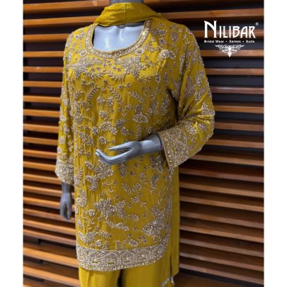 Mustard Yellow Chinon Shirt Paired with Garara & Dupatta