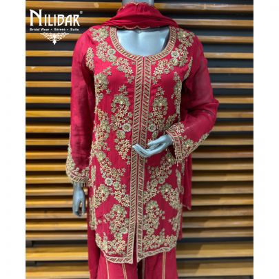 Red Chinon Shirt Paired with Garara & Organza Dupatta