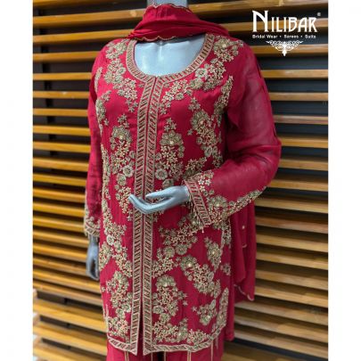 Red Chinon Shirt Paired with Garara & Organza Dupatta
