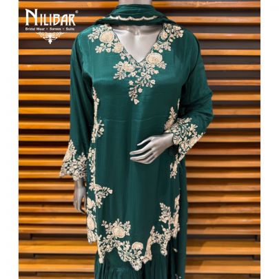 Bottle Green Chinon Shirt Paired with Garara & Dupatta