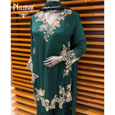 Bottle Green Chinon Shirt Paired with Garara & Dupatta