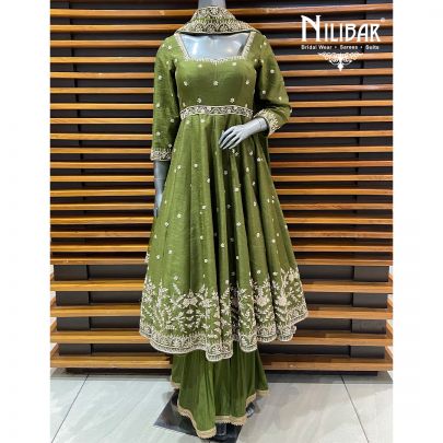 Mehendi Raw Silk Anarkali Suit Paired With Crepe Palazzo & Organza Dupatta