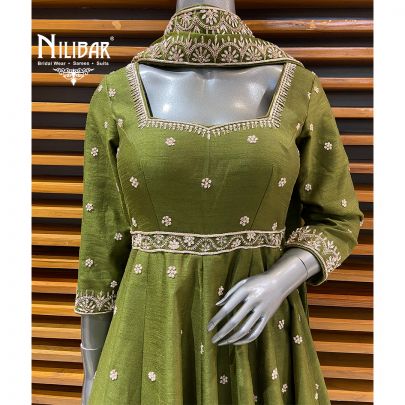 Mehendi Raw Silk Anarkali Suit Paired With Crepe Palazzo & Organza Dupatta