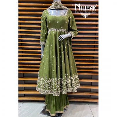 Mehendi Raw Silk Anarkali Suit Paired With Crepe Palazzo & Organza Dupatta