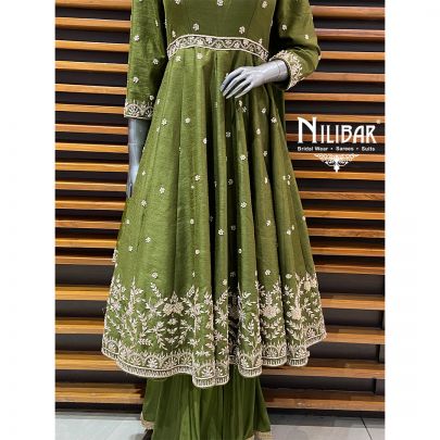 Mehendi Raw Silk Anarkali Suit Paired With Crepe Palazzo & Organza Dupatta