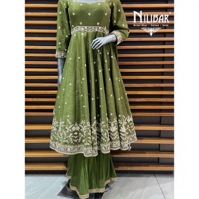 Mehendi Raw Silk Anarkali Suit Paired With Crepe Palazzo & Organza Dupatta
