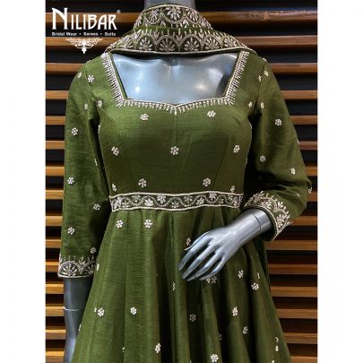 Mehendi Raw Silk Anarkali Suit Paired With Crepe Palazzo & Organza Dupatta