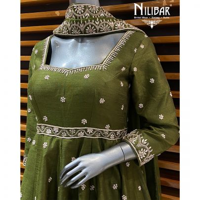 Mehendi Raw Silk Anarkali Suit Paired With Crepe Palazzo & Organza Dupatta