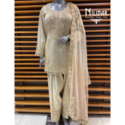 Ivory Gold Tissue Silk Suit Paired With Farshi Salwar & Net Dupatta