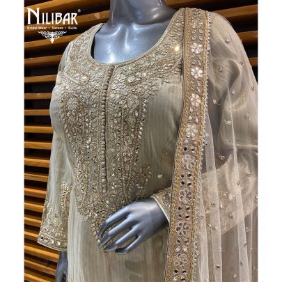 Ivory Gold Tissue Silk Suit Paired With Farshi Salwar & Net Dupatta