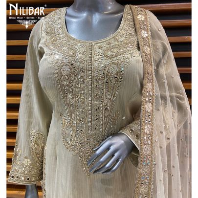 Ivory Gold Tissue Silk Suit Paired With Farshi Salwar & Net Dupatta