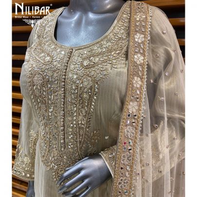 Ivory Gold Tissue Silk Suit Paired With Farshi Salwar & Net Dupatta