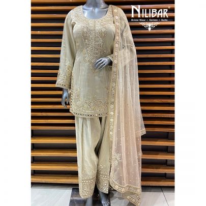 Ivory Gold Tissue Silk Suit Paired With Farshi Salwar & Net Dupatta