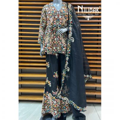 Black Raw Silk Palazzo Suit Paired With Organza Dupatta