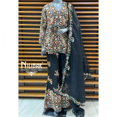 Black Raw Silk Palazzo Suit Paired With Organza Dupatta