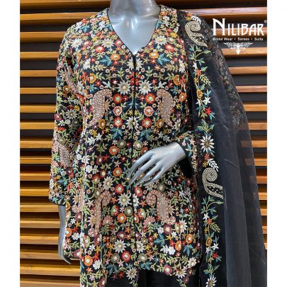 Black Raw Silk Palazzo Suit Paired With Organza Dupatta