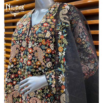 Black Raw Silk Palazzo Suit Paired With Organza Dupatta