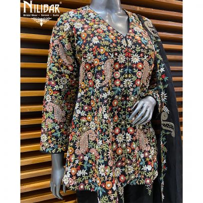 Black Raw Silk Palazzo Suit Paired With Organza Dupatta