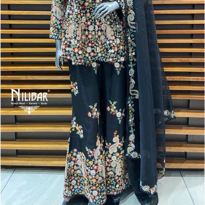 Black Raw Silk Palazzo Suit Paired With Organza Dupatta