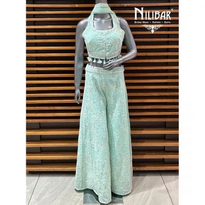 Sea Green Georgette Crop Top With Palazzo Indo-Western Set