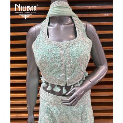Sea Green Georgette Crop Top With Palazzo Indo-Western Set
