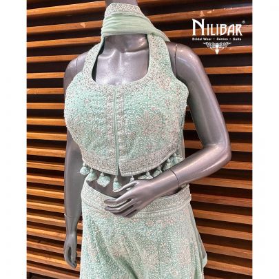 Sea Green Georgette Crop Top With Palazzo Indo-Western Set