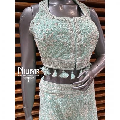 Sea Green Georgette Crop Top With Palazzo Indo-Western Set