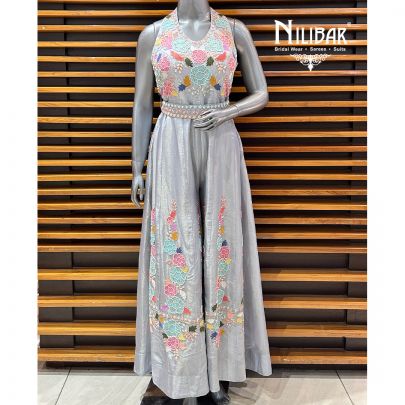 Gray Lamé Silk Jumpsuit Set