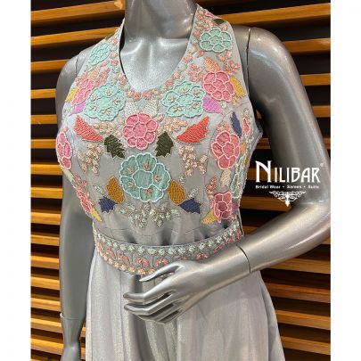 Gray Lamé Silk Jumpsuit Set