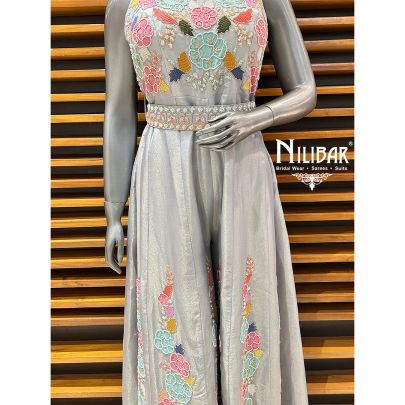 Gray Lamé Silk Jumpsuit Set