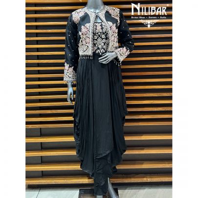 Black Crepe Dhoti Style One Piece With Silk Shrug