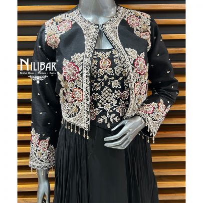 Black Crepe Dhoti Style One Piece With Silk Shrug