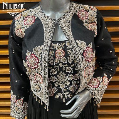 Black Crepe Dhoti Style One Piece With Silk Shrug